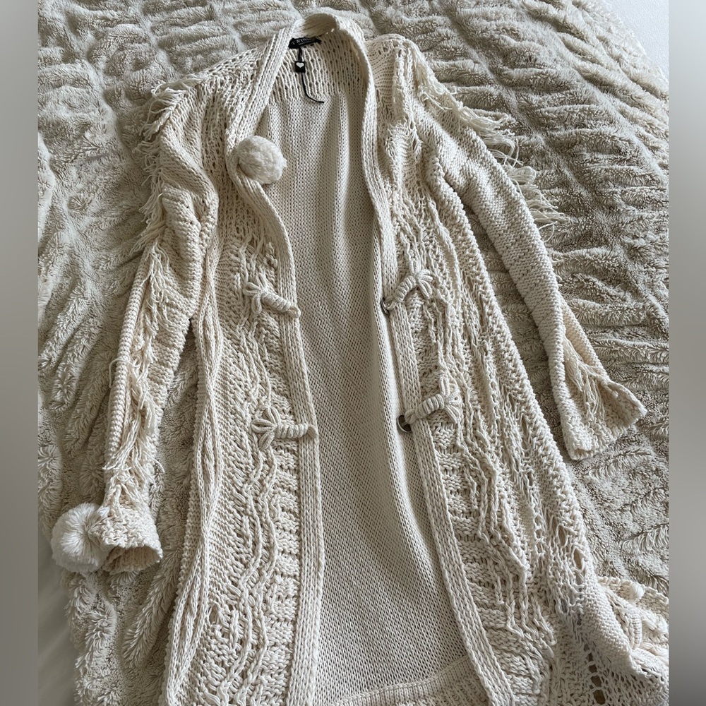 Beige long knit cardigan